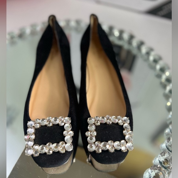 KATE SPADE made Italy Black Suede Leather crystal  buckle Shoes 7B - Picture 5 of 10